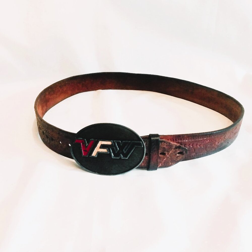 Vintage VFW Logo "Veterans of Foreign War" Belt Buckle/Men's Brown Leather Belt